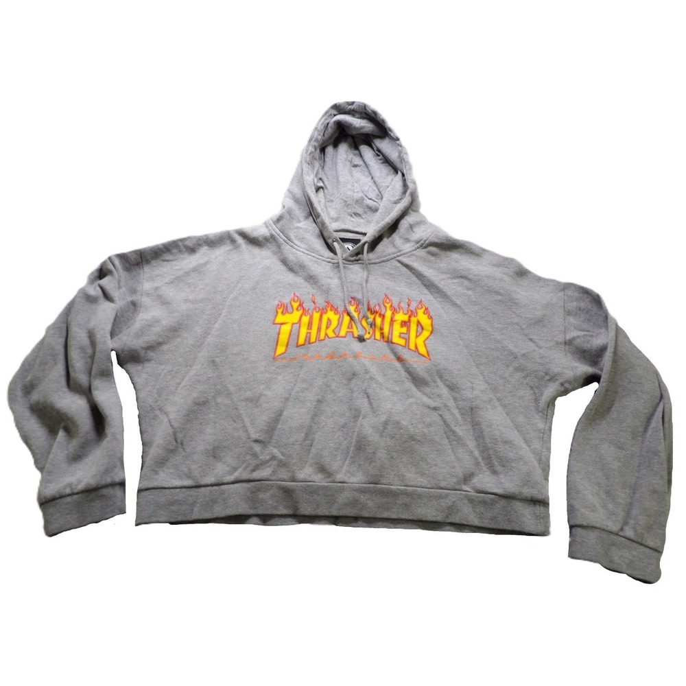 Thrasher Flame Logo Hoodie Gray Women M Cropped Skate Pullover Sweatshirt Dr Dre